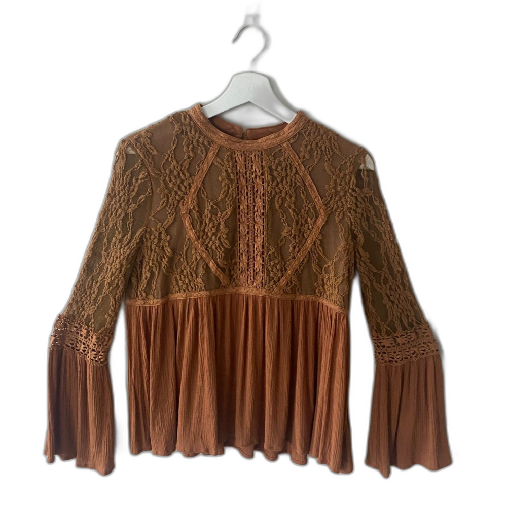 Y2K Vintage Inspired Blouse L Brown Long Bell Sleeve Fairy Grunge Cottagecore - Picture 2 of 6